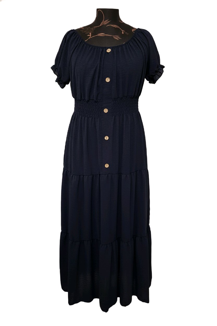 Shirred Elasticated Puffed Sleeve Maxi Dress - One Size 10-18
