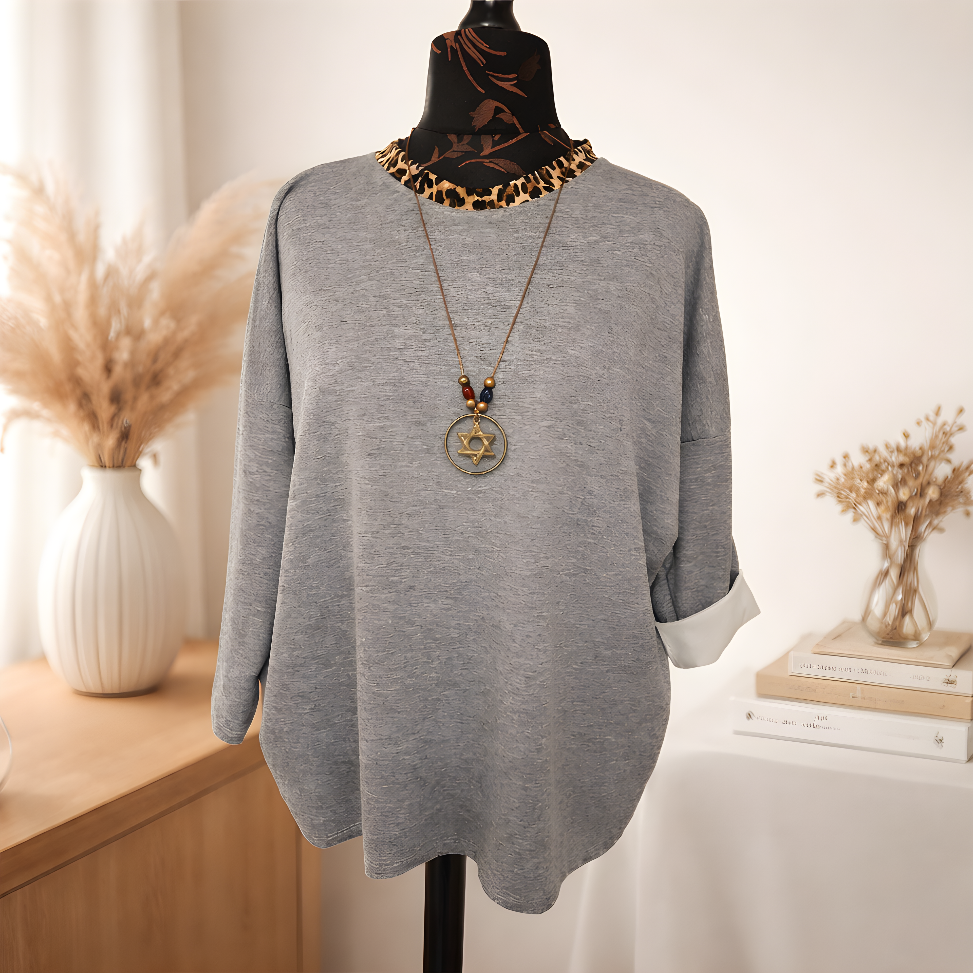 Oversized Leopard Print Sweatshirt - Grey - Plus Size 16-20