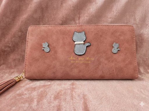 Large Suede Cat Purse - Cute Animal Coin Purse with Zip