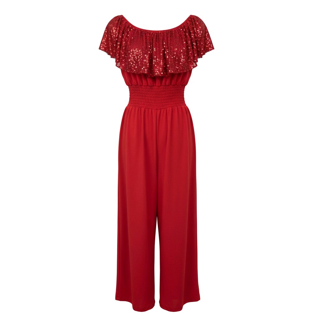 off-the-shoulder wide-leg jumpsuit with a sequin frill top and smocked waist