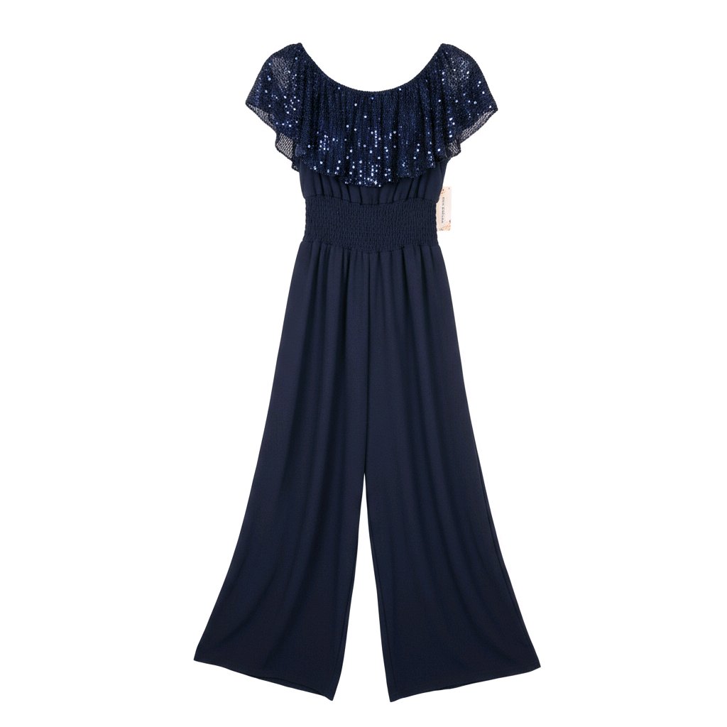 off-the-shoulder wide-leg jumpsuit with a sequin frill top and smocked waist