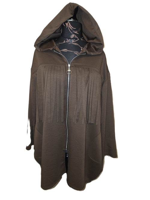 "Brown hoodie with fringe details - front view"