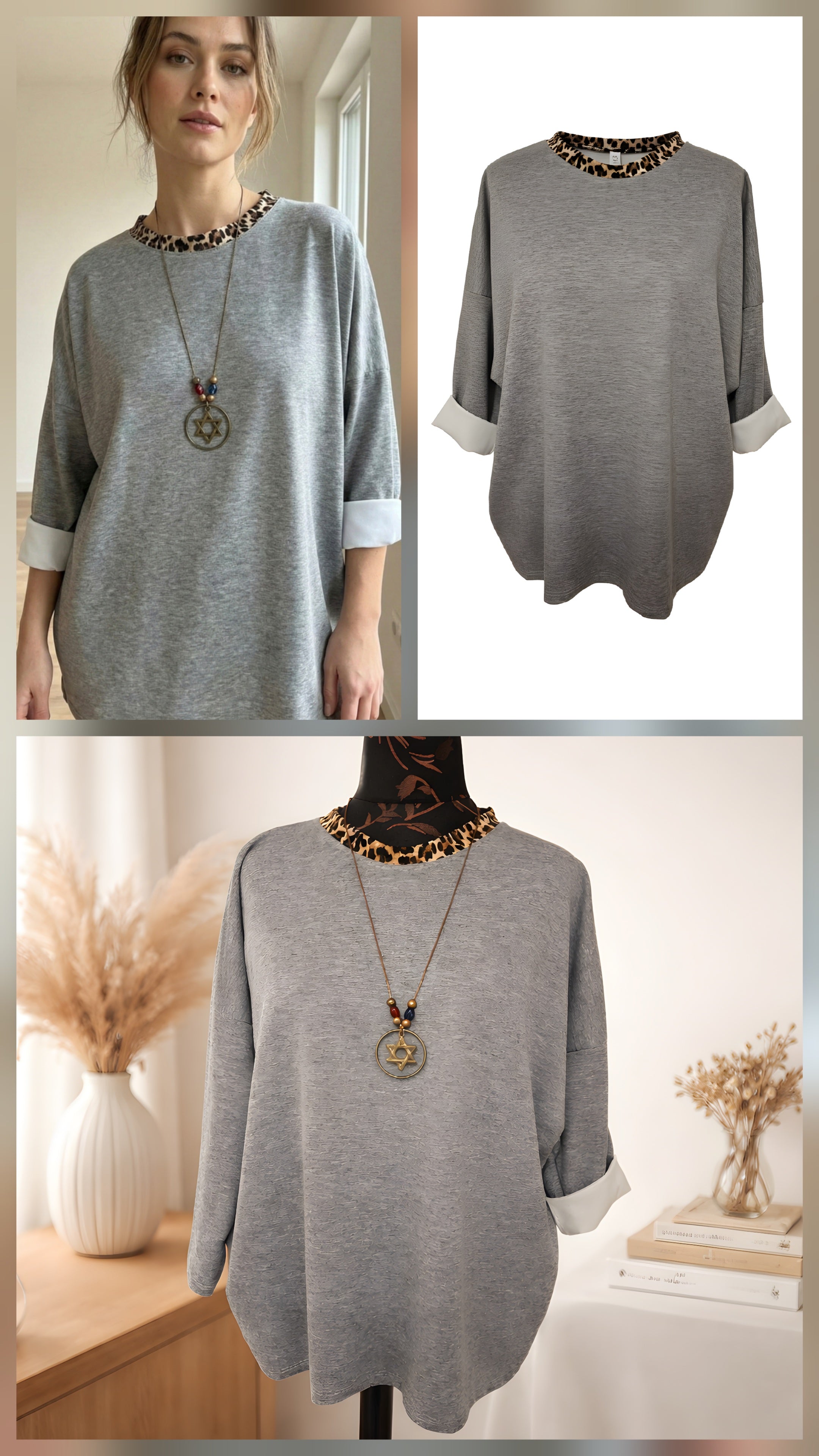 Oversized Leopard Print Sweatshirt - Grey - Plus Size 16-20