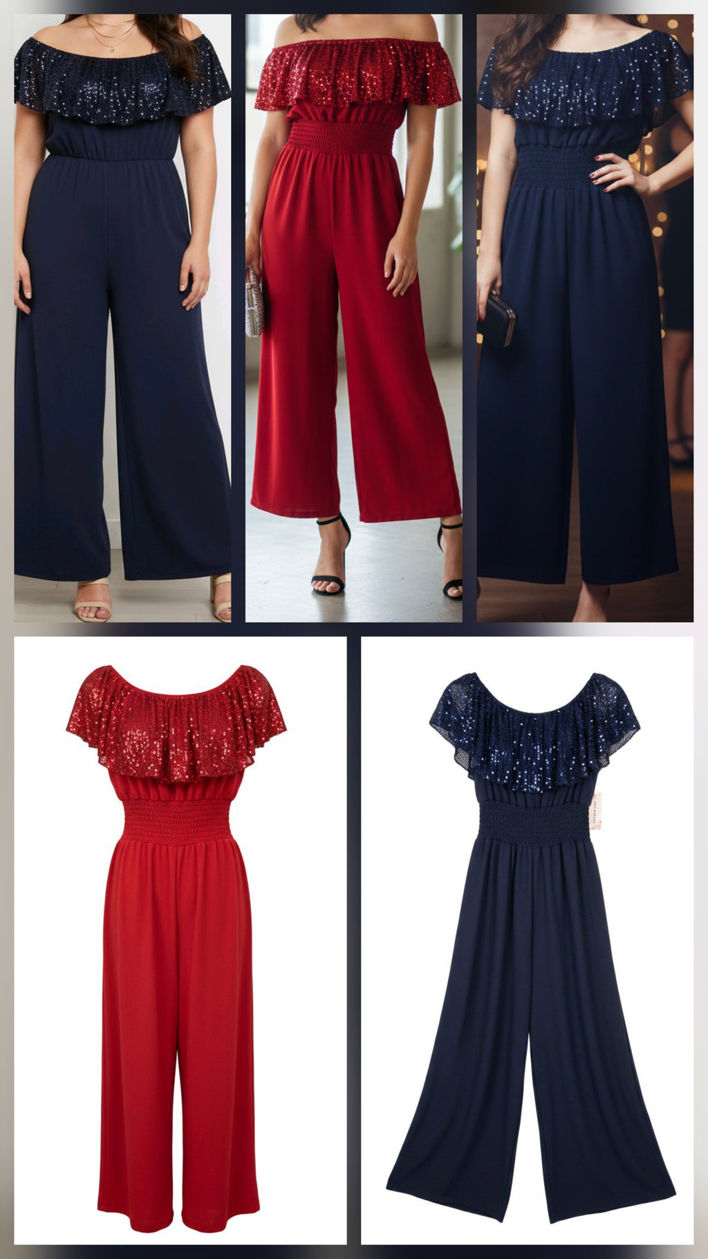 off-the-shoulder wide-leg jumpsuit with a sequin frill top and smocked waist