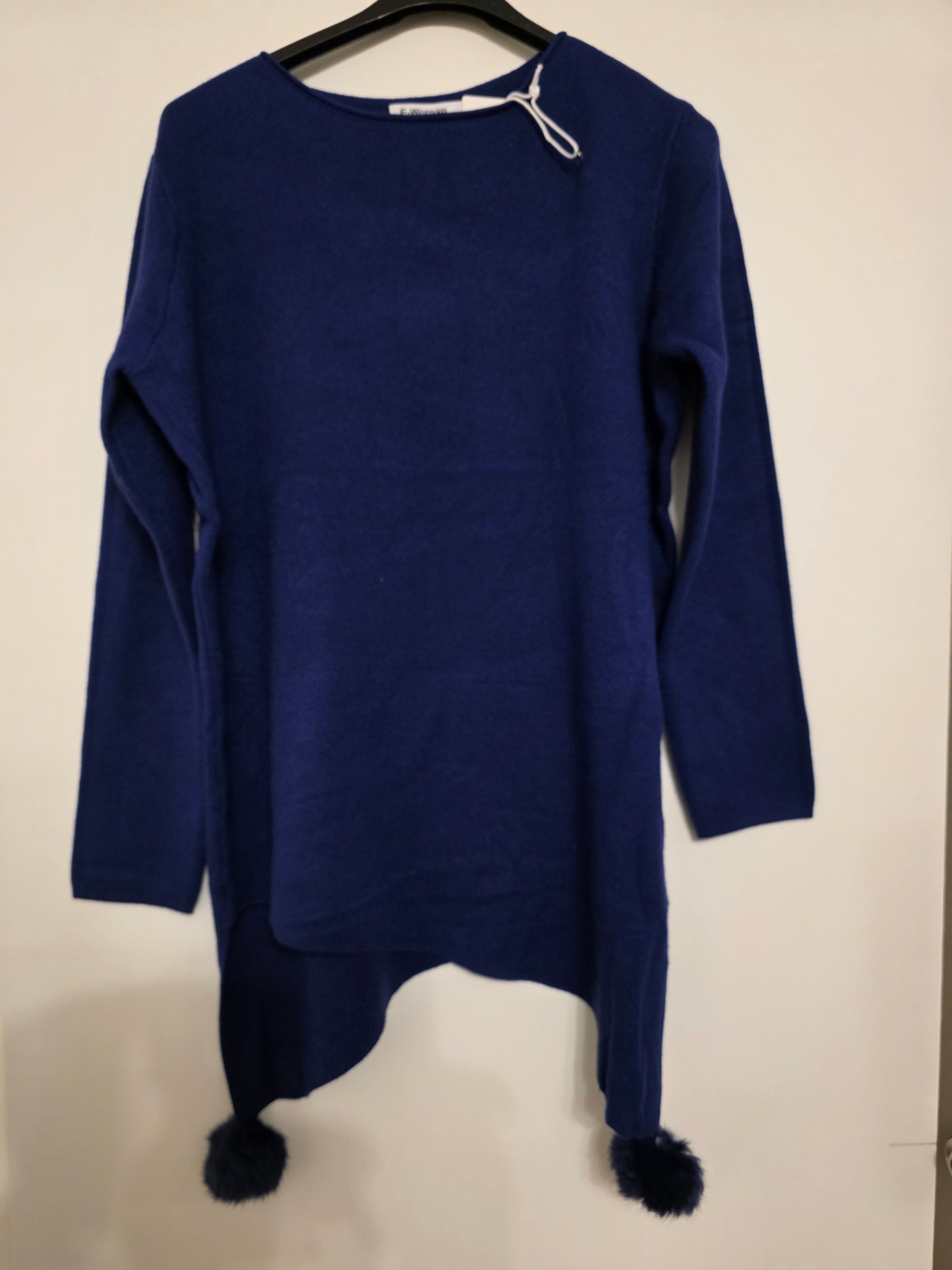 Asymmetric Hem Sweater with Pom Poms