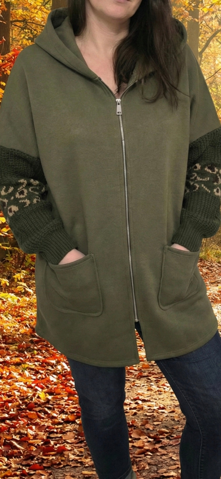 "Green cotton zip hoodie - front view"