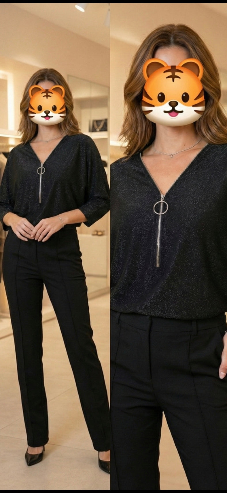 Shimmering Zip Front Top - Red Gold Black - One Size - Stretch Fit