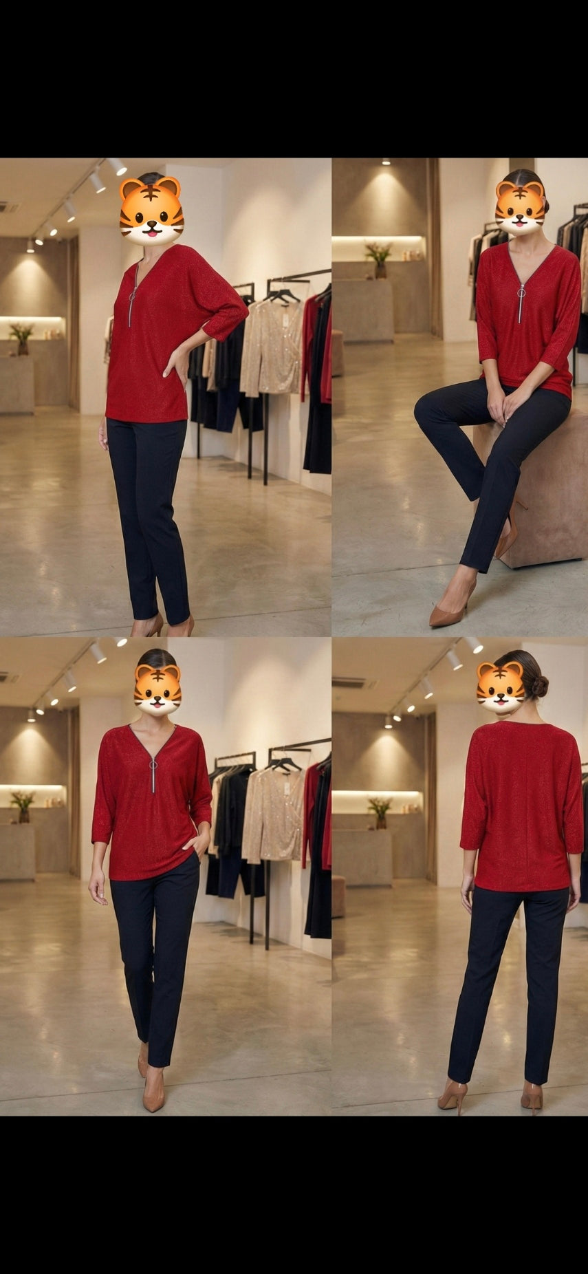 Shimmering Zip Front Top - Red Gold Black - One Size - Stretch Fit