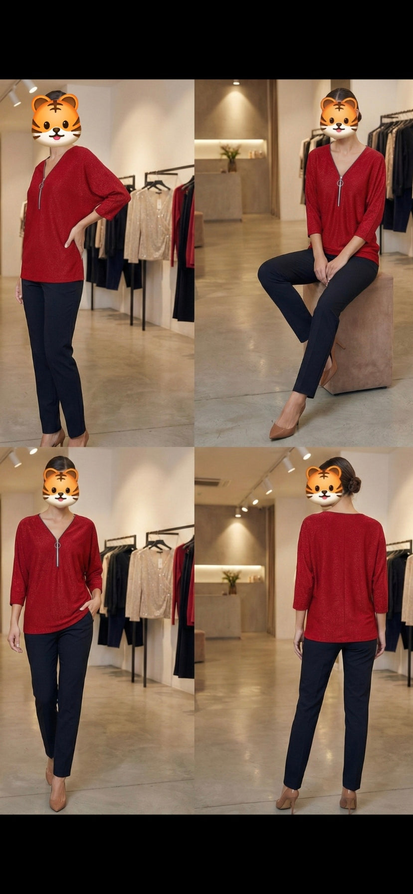 Shimmering Zip Front Top - Red Gold Black - One Size - Stretch Fit