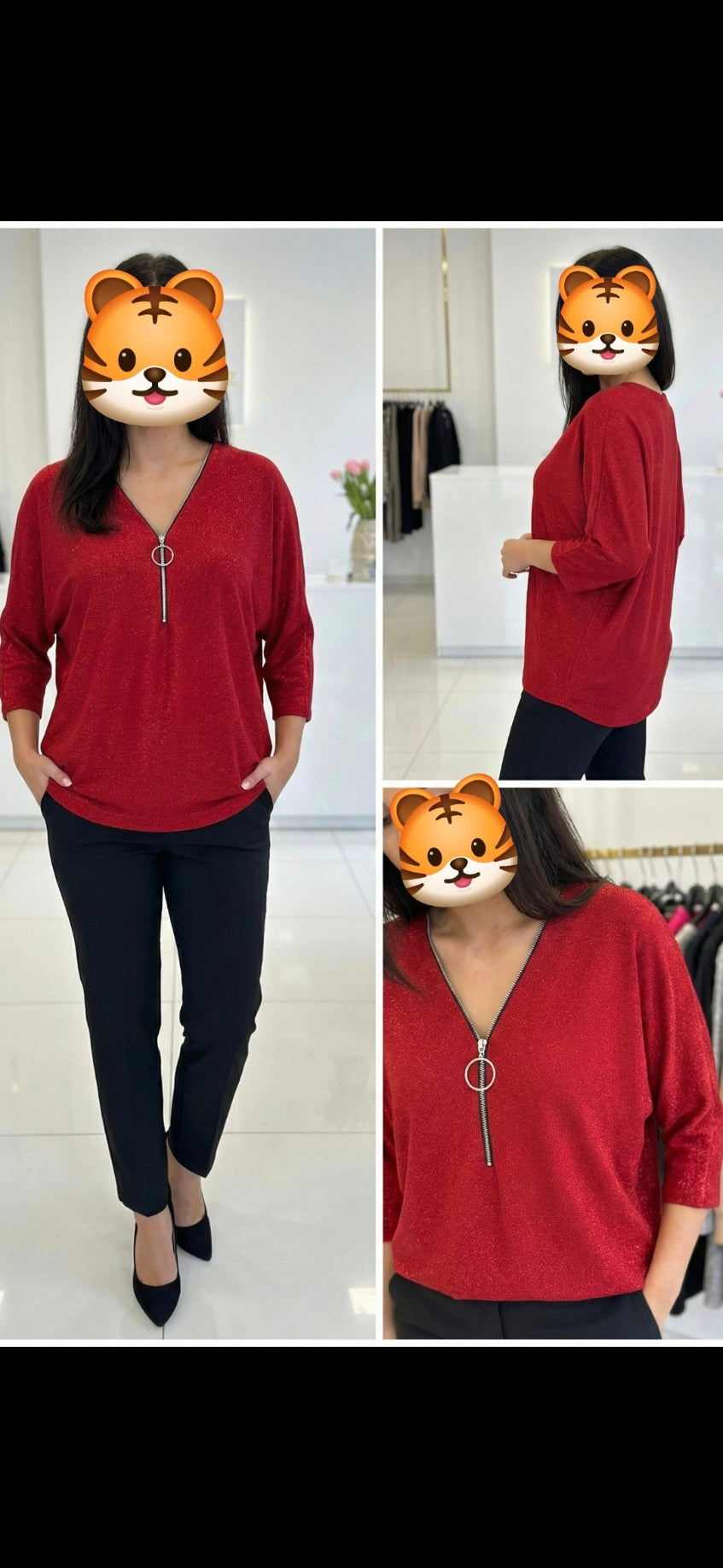 Shimmering Zip Front Top - Red Gold Black - One Size - Stretch Fit