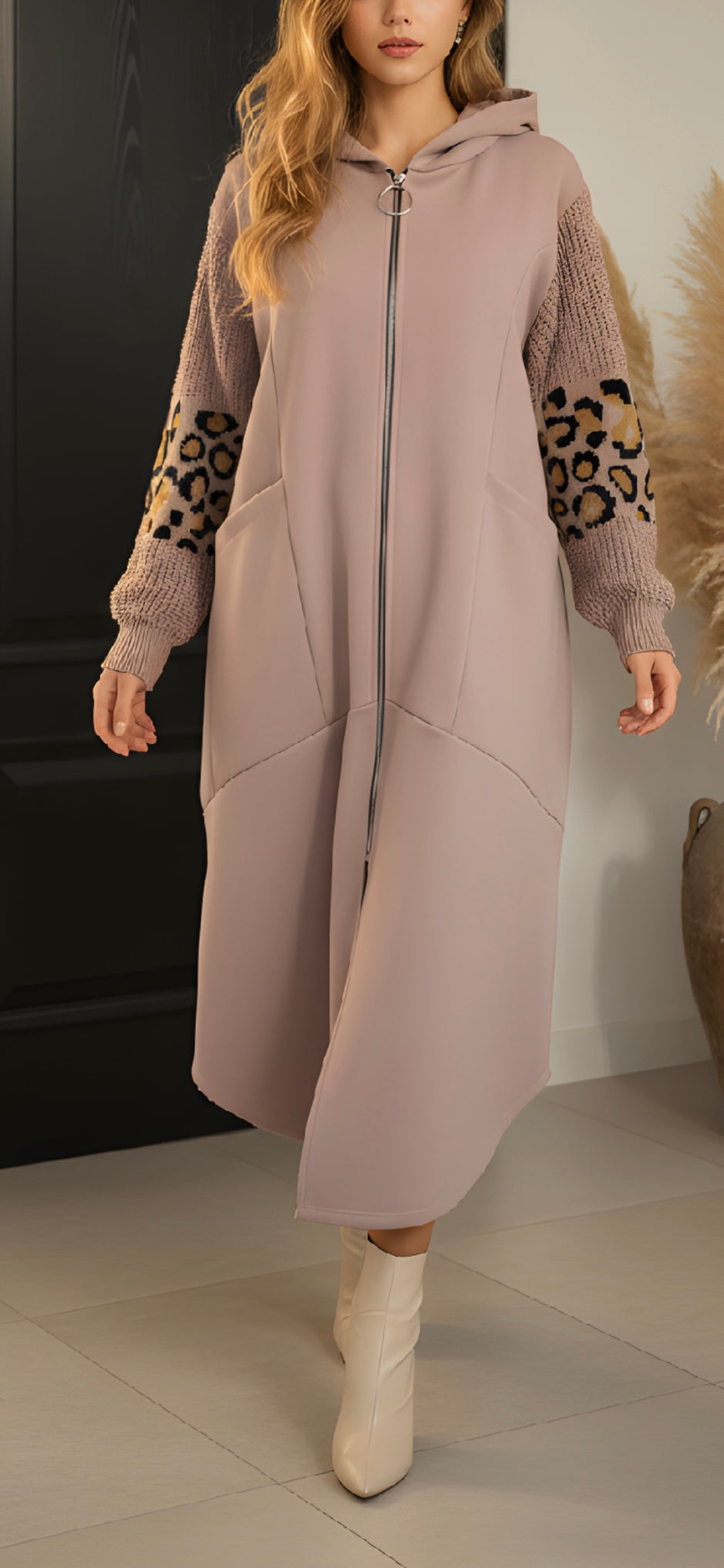 "Rose colour long coat with animal sleeve design - front view"
