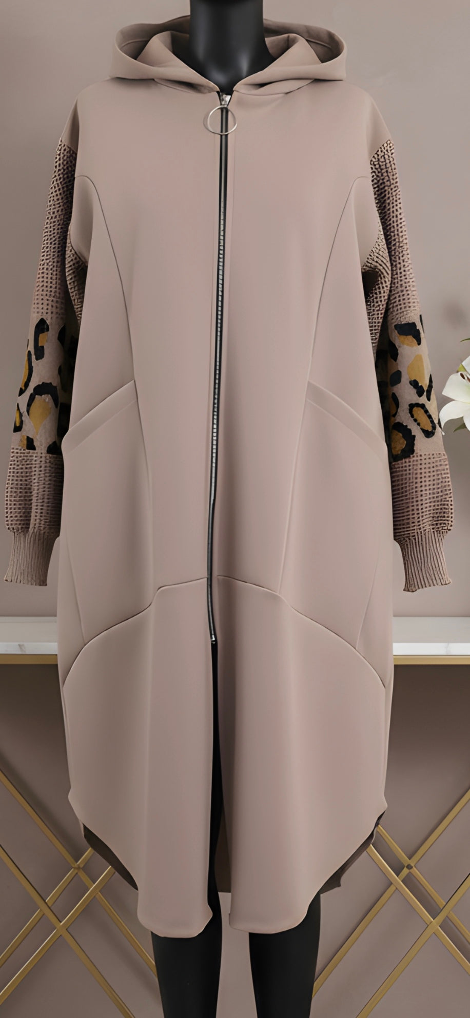 Animal Print Sleeve Long Coat - Rose Pink - Plus Size One Size - Last Piece!