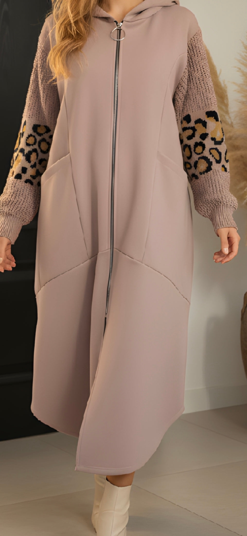 Animal Print Sleeve Long Coat - Rose Pink - Plus Size One Size - Last Piece!