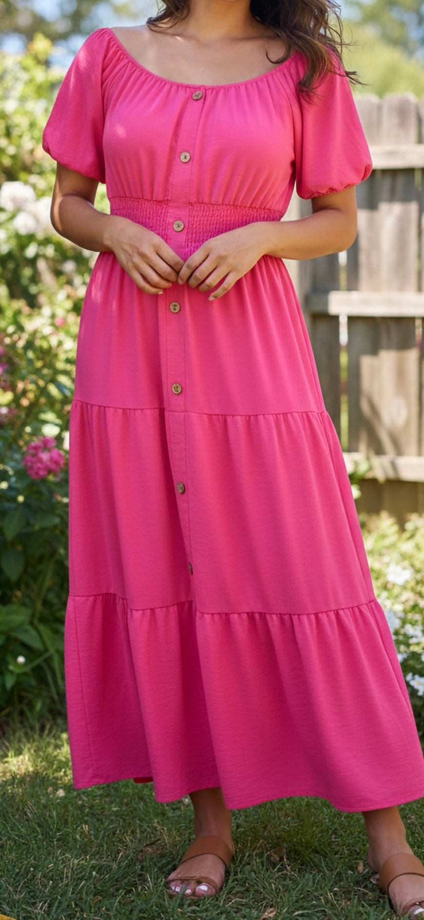 Shirred Elasticated Puffed Sleeve Maxi Dress - One Size 10-18