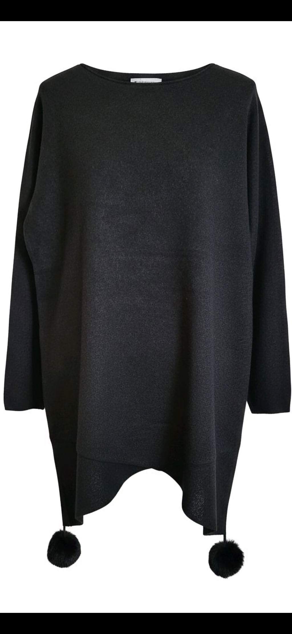 Asymmetric Hem Sweater with Pom Poms