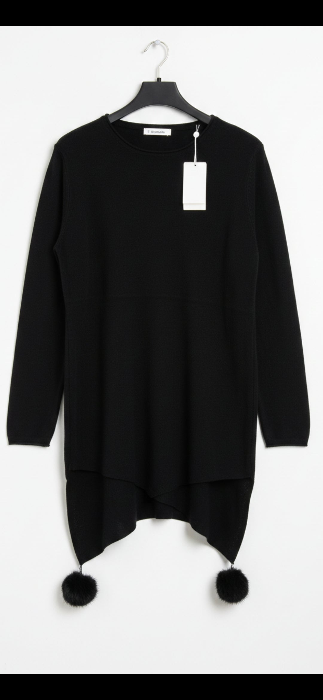 Asymmetric Hem Sweater with Pom Poms