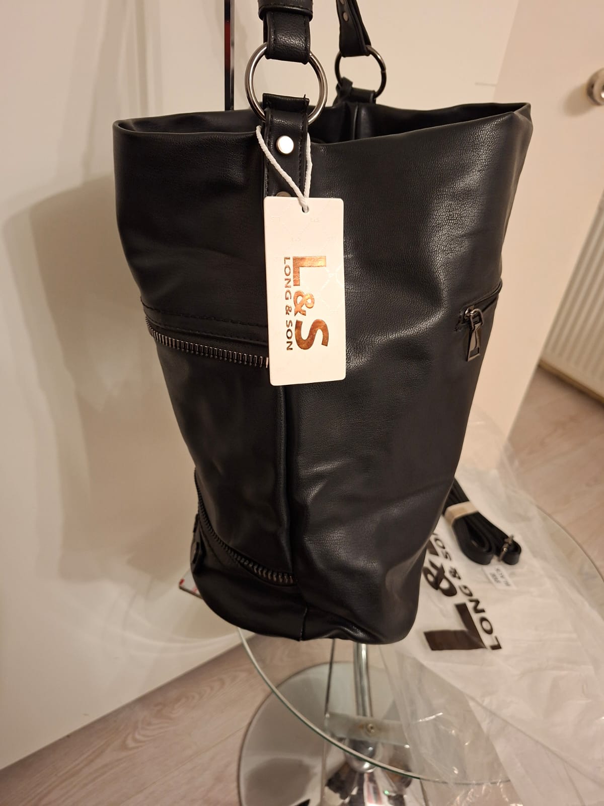 Women's Black Shoulder Bag with Pendant - Long & Son