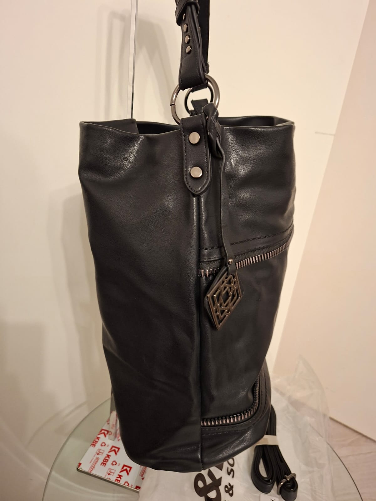 Women's Black Shoulder Bag with Pendant - Long & Son