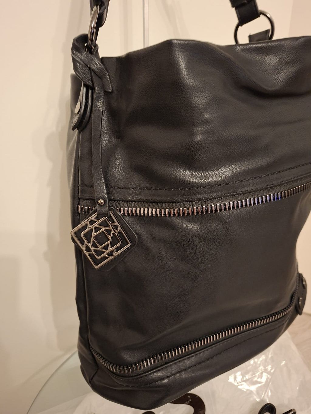 Women's Black Shoulder Bag with Pendant - Long & Son