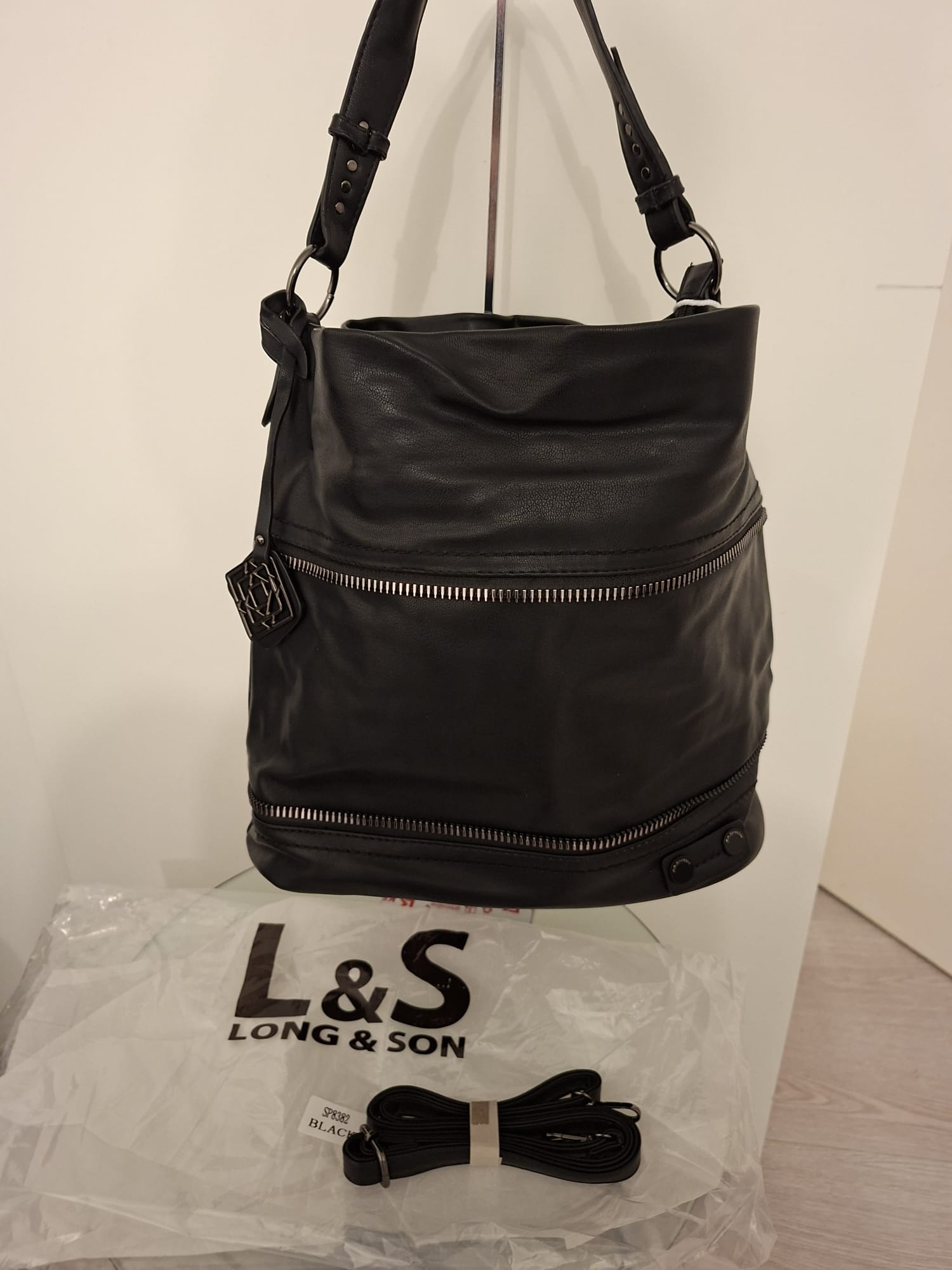 Women's Black Shoulder Bag with Pendant - Long & Son