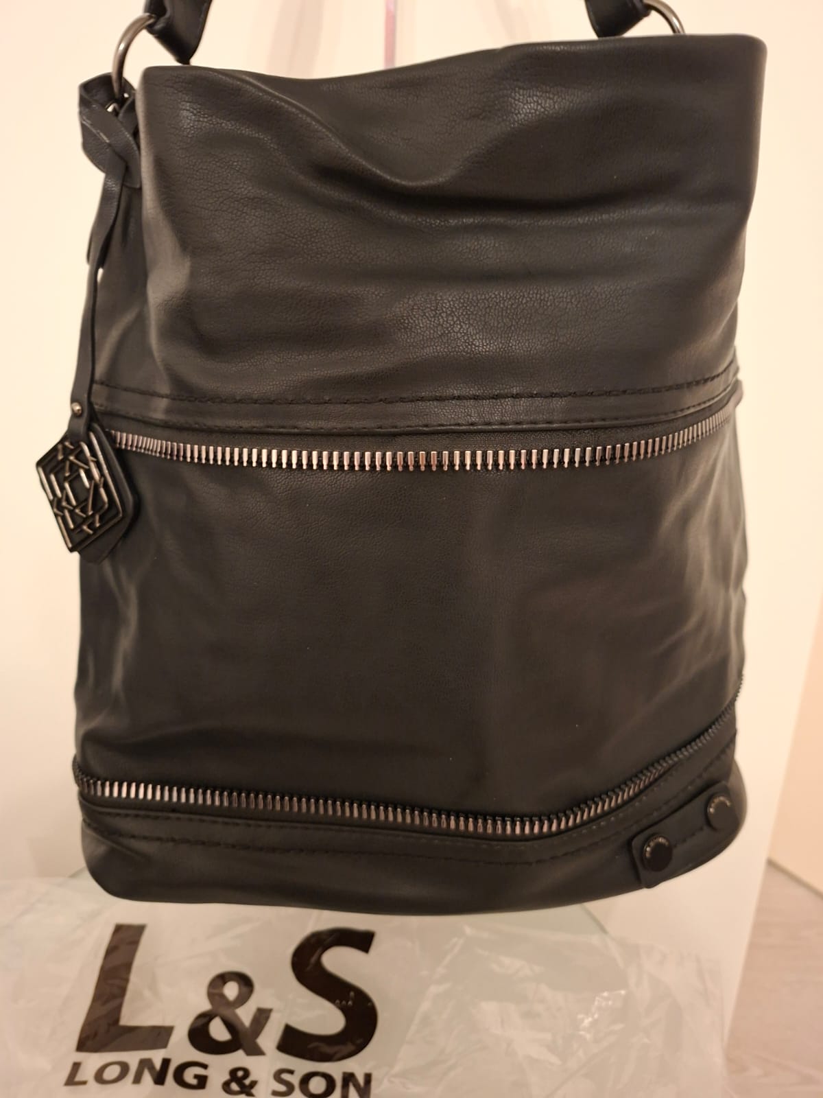 Women's Black Shoulder Bag with Pendant - Long & Son